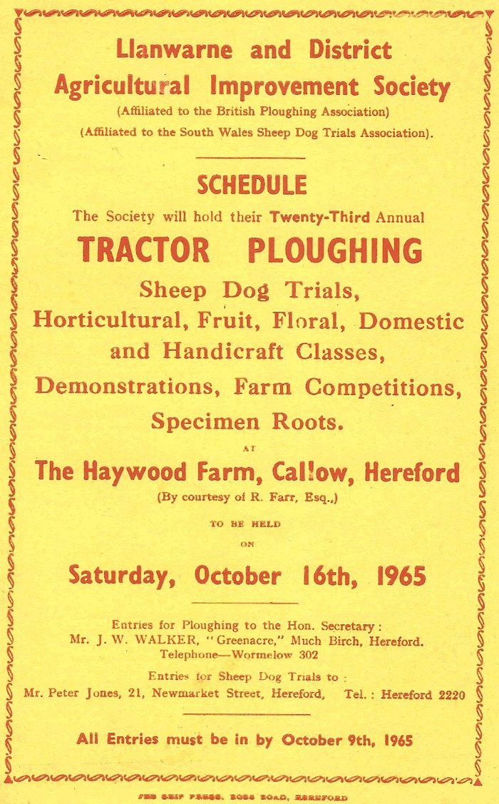 Llanwarne and District Agricultural Improvement Society schedule 1965